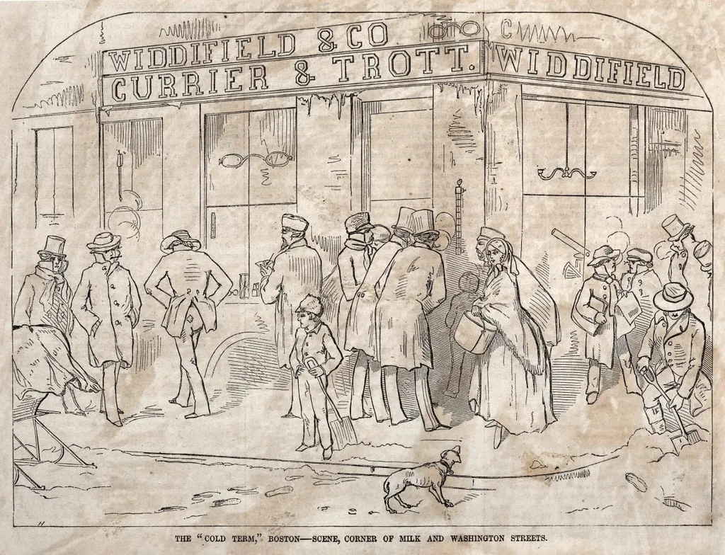 The "Cold Term," Boston - Scene, Corner Milk and Washington Streets, by Winslow Homer, 1858