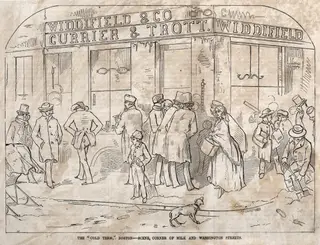 The "Cold Term," Boston - Scene, Corner Milk and Washington Streets, by Winslow Homer, 1858