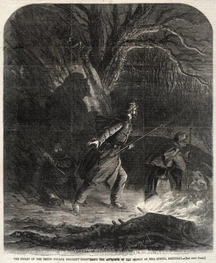 The Picket of the Tenth Indiana Regiment discovering the Approach of the Rebels at Mill Spring, Kentucky, by Winslow Homer, 1862