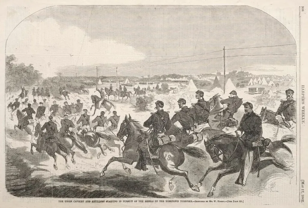 The Union Cavalry and Artillery Starting in Pursuit of the Rebels up the Yorktown Turnpike, by Winslow Homer, 1862