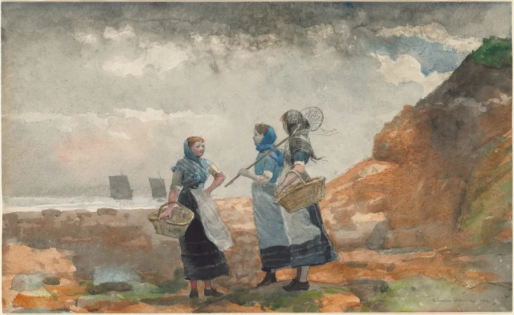 Three Fisher Girls, Tynemouth, by Winslow Homer, graphite, 1881