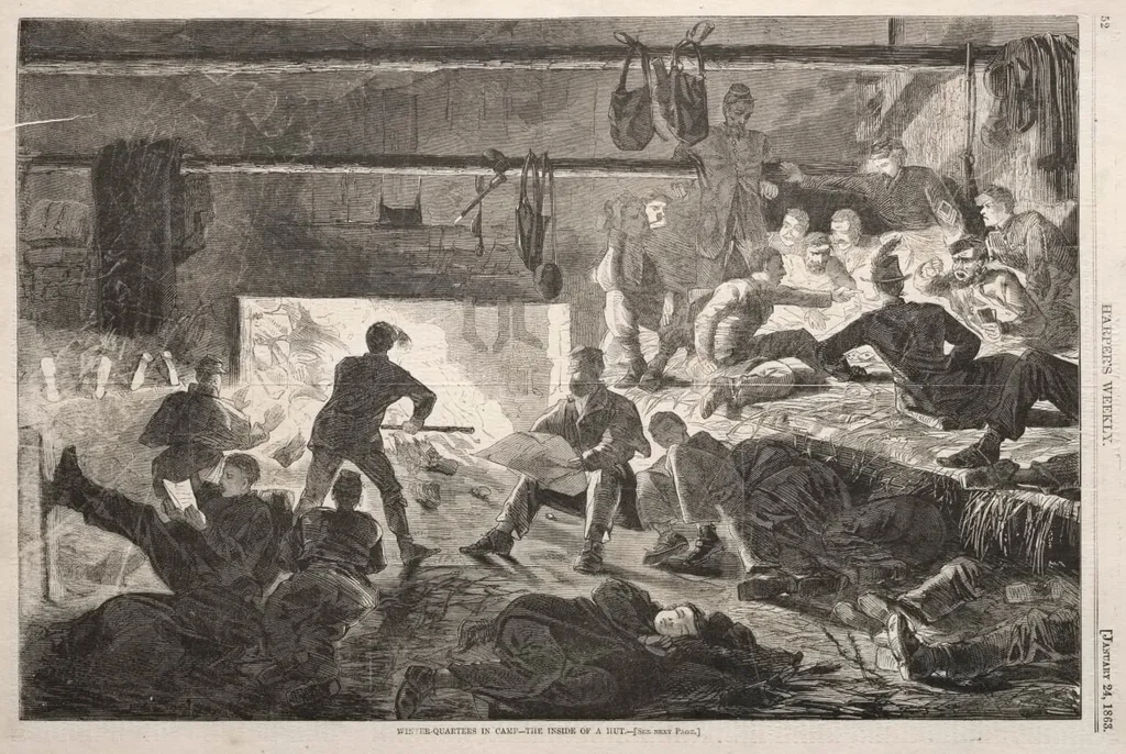Winter Quarters in Camp - The Inside of a Hut, by Winslow Homer, 1863