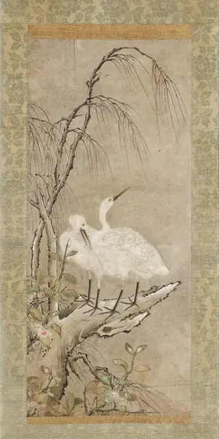 Winter Landscape of Two Herons, Willow, and Tea Plants Blossoms