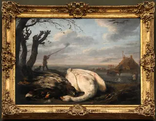 Winter landscape with dead birds and hunters