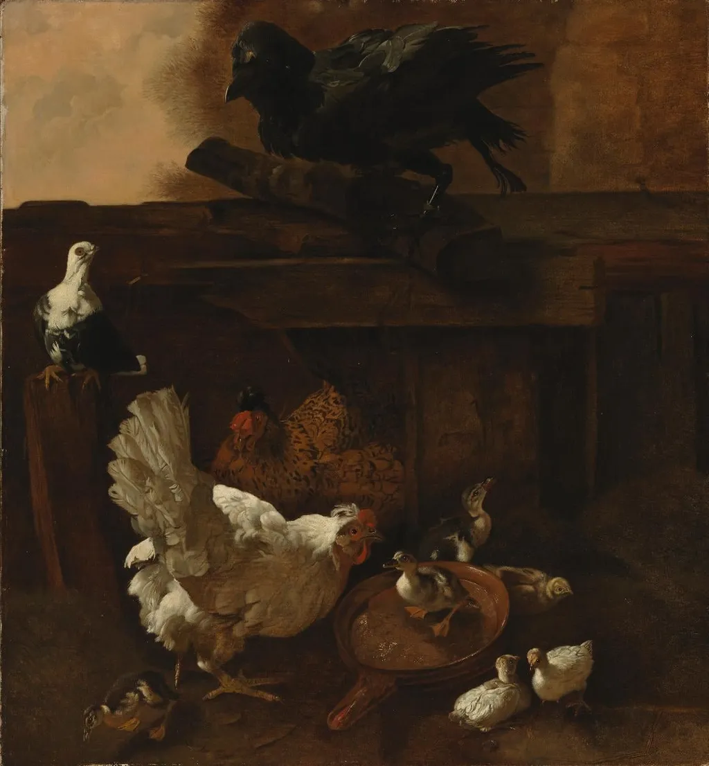 Kanan ja ankan poikasia sekä vaaniva korppi, kopio Jacomo Victorsin mukaan, by Wladimir Swertschkoff, unspecified