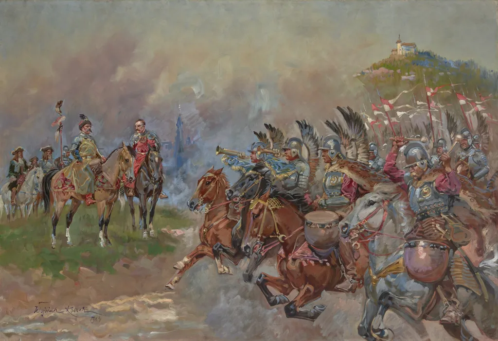 Polish Hussars Parading in Front of King John III Sobieski, by Wojciech Kossak, oil, 1924