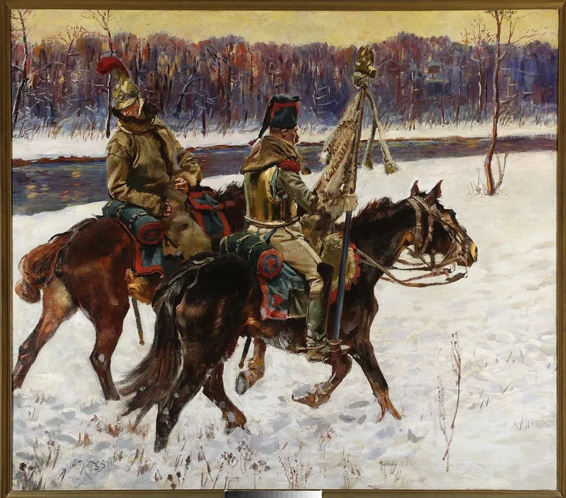 Two French hussars – “Berezina” fragment, by Wojciech Kossak, oil, 1898