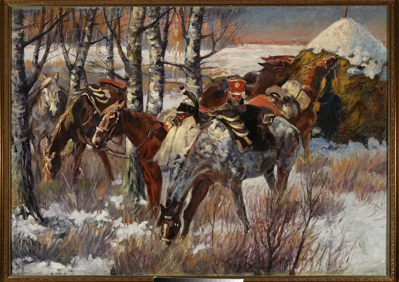 Uhlans’ stopever in the snow, by Wojciech Kossak