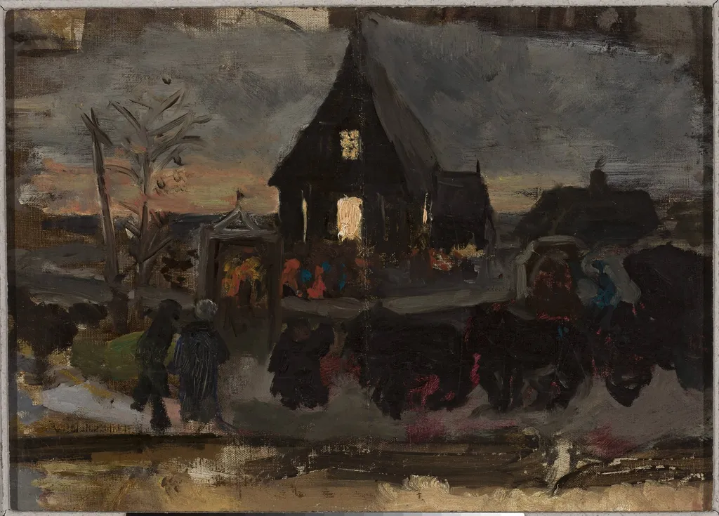 To the Advent dawn mass, sketch, by Wojciech Piechowski, oil, 1890