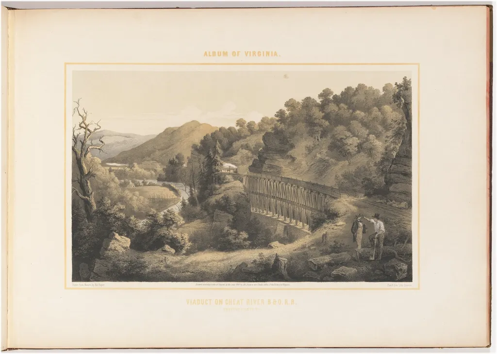 Viaduct on Cheat River, Baltimore & Ohio Railroad, by Woldemar Rau, ink, 1857