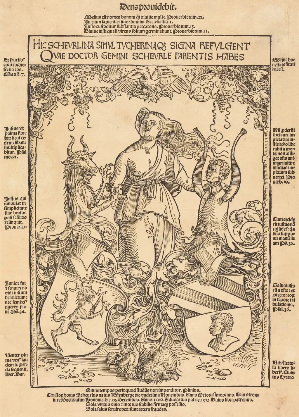 Coat of Arms of Scheurl and Tucher Families, by Wolf Traut, ink, 1512