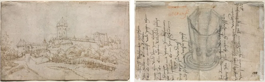 View of a Castle (recto); Eight-Sided Cup (verso), by Wolfgang Huber, 1513