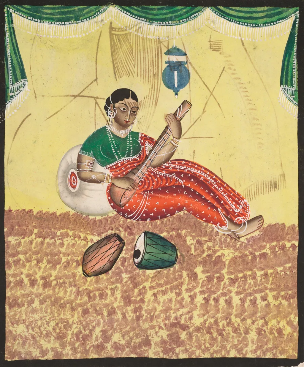 Woman Playing Music (recto), from a Kalighat album, unspecified, 1896