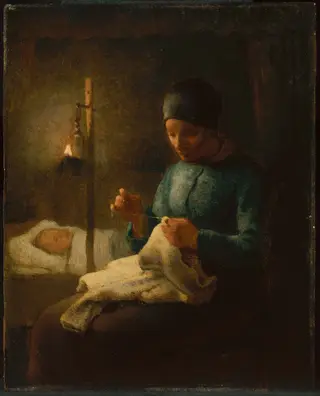 Woman Sewing beside her Sleeping Child