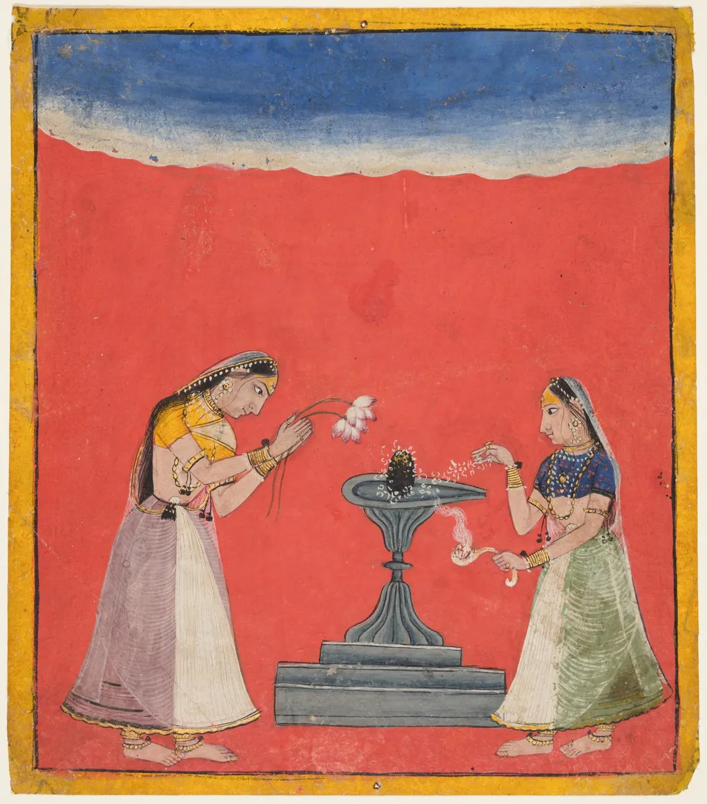Women Worshipping a Shiva Linga: Devagandhari Ragini of Hindol, from a Chamba Ragamala, unspecified, 1700