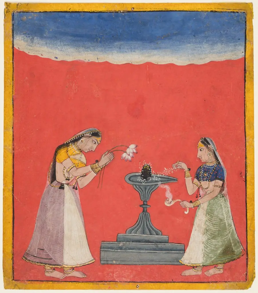 Women Worshipping a Shiva Linga: Devagandhari Ragini of Hindol, from a Chamba Ragamala, 1700