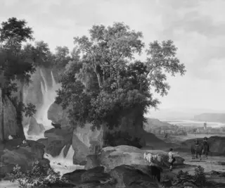 Wood-Clad Rocks with Waterfall