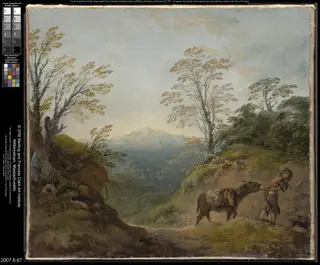 Wooded Landscape with a Boy Leading a Donkey and Dog, and an Extensive Panorama with Buildings and Distant Hills