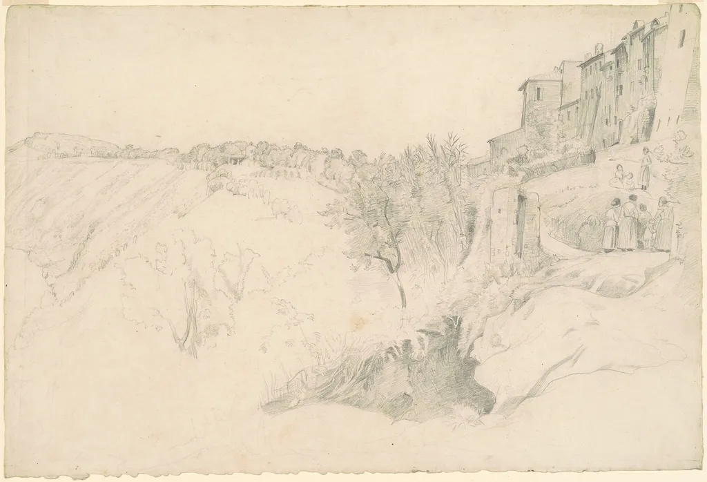 Hillside with Houses and Figures, by Worthington Whittredge, graphite, 1856