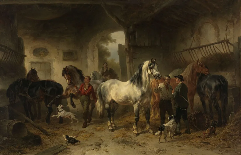 Interieur van een stal met paarden en figuren, by Wouterus Verschuur, oil, 1862