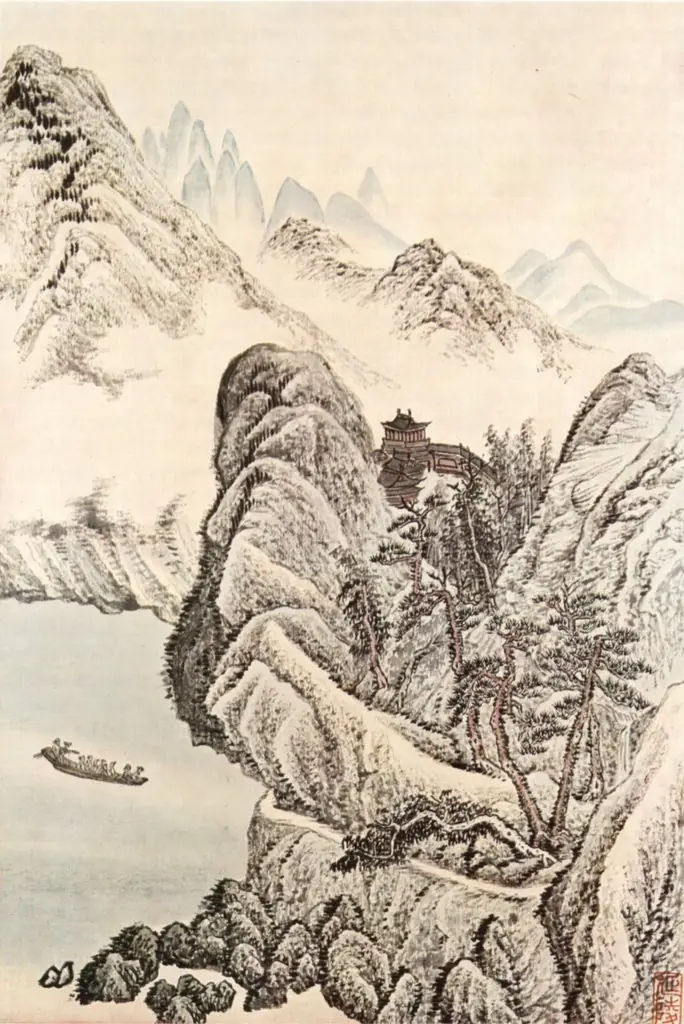 Boat trip on the river below a Buddhistic temple, by Wu Li