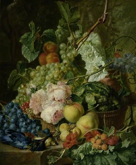 Basket of flowers and fruit, by Wybrand Hendriks, oil