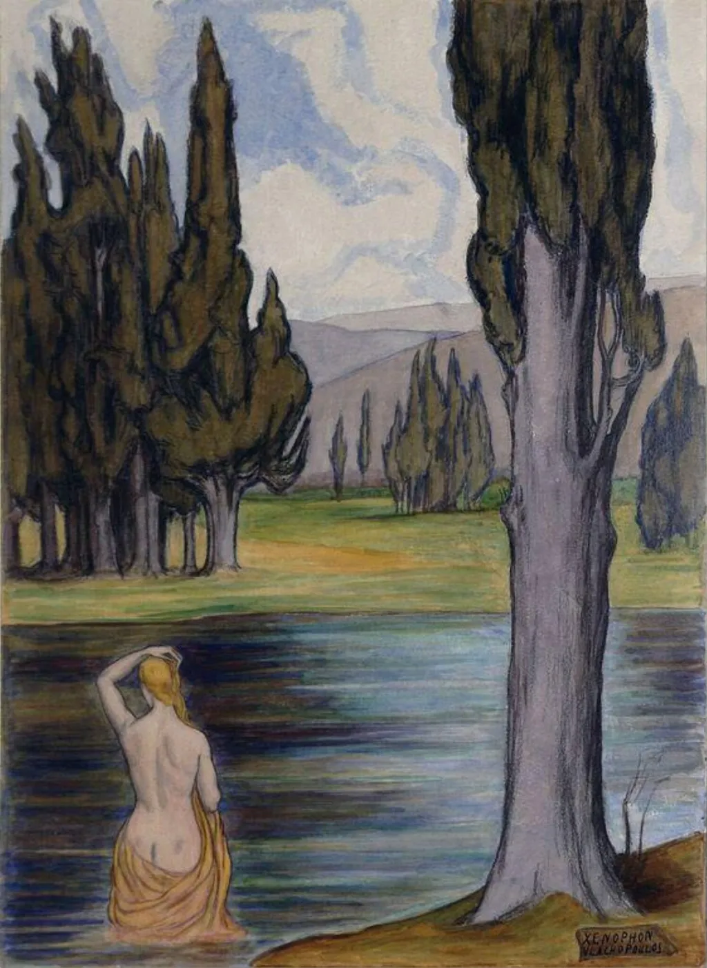 Cypresses, by Xenophon Vlachopoulos, watercolor, 1950