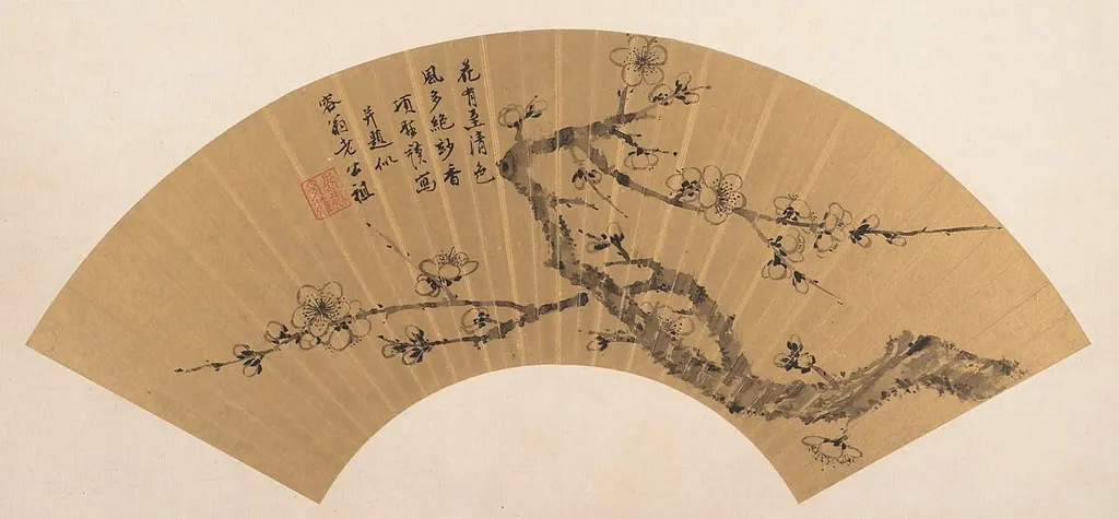 明/清 項聖謨 梅花 扇|Branch of Blossoming Plum, by Xiang Shengmo, ink, 1620