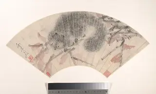 清  虛谷  松鼠  扇面|Squirrel on an Autumn Branch, by Xu Gu, 1884