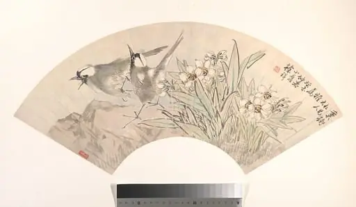 清  徐祥  小鳥水仙  扇面|Birds and Narcissus