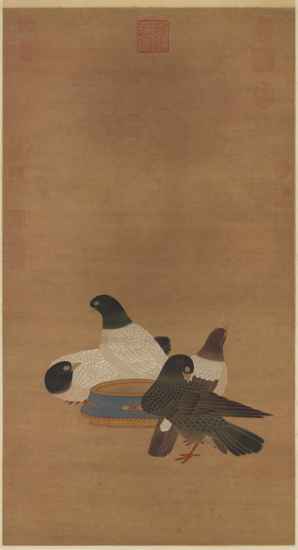 明宣宗畫金盆鵓鴿 軸, by Xuande Emperor, unspecified, 1450
