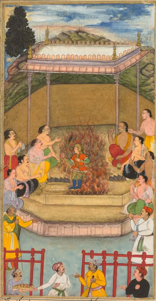 Yaja and Upayaja perform a sacrifice for the emergence of Dhrishtadyumna from the fire, from Adi-parva (volume one) of the Razm-nama (Book of Wars) adapted and translated into Persian by Mir Ghiyath al-Din Ali Qazvini, known as Naqib Khan (Persian, d, 1600