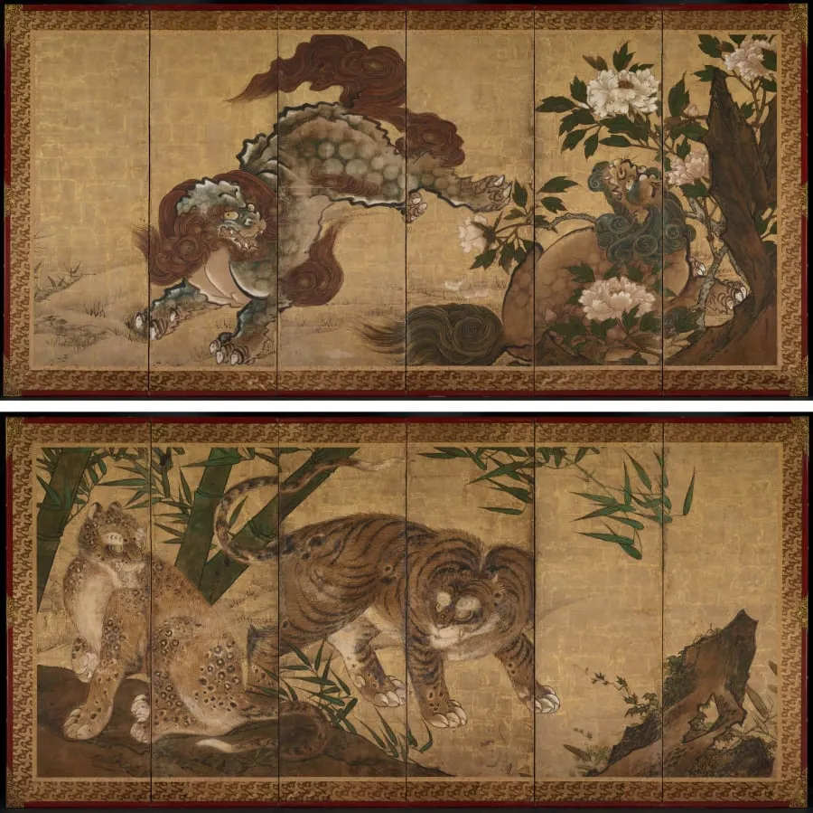 Lions and Tigers in Peony and Bamboo, by Yamaguchi Sekkei, unspecified, 1668