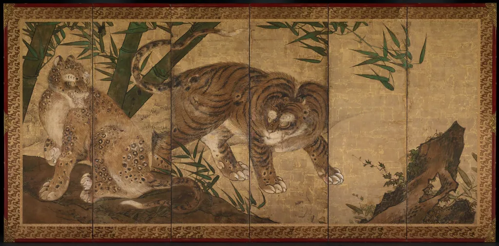 Lions and Tigers in Peony and Bamboo, by Yamaguchi Sekkei, unspecified, 1668