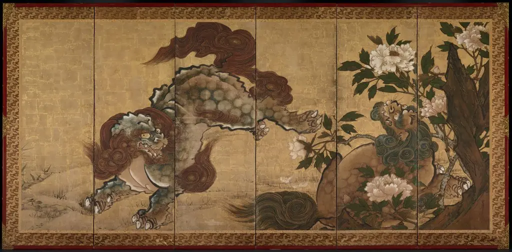 Lions and Tigers in Peony and Bamboo, by Yamaguchi Sekkei