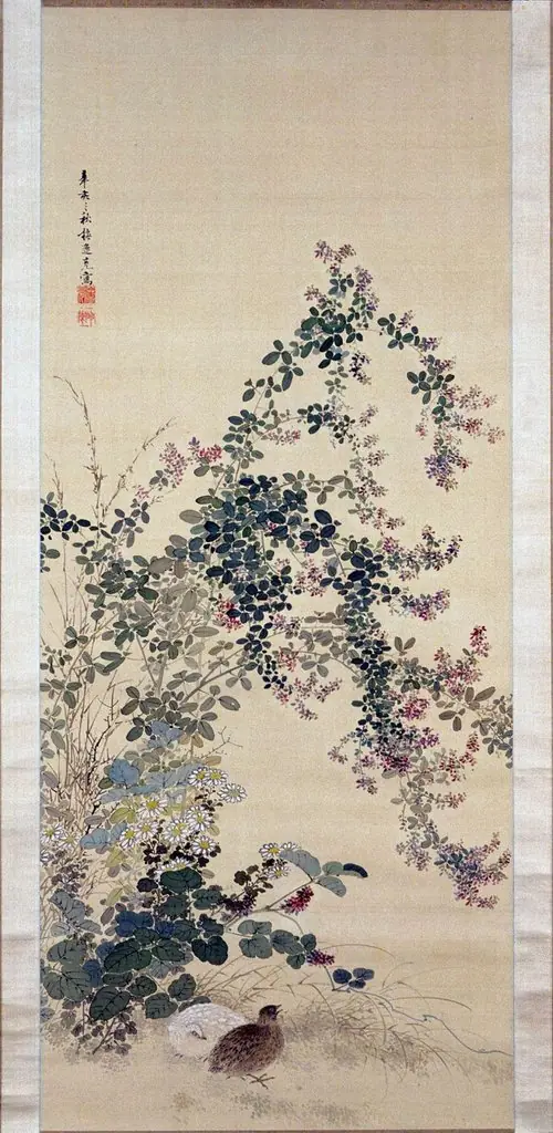 Bush Clover and Quails, by Yamamoto Baiitsu