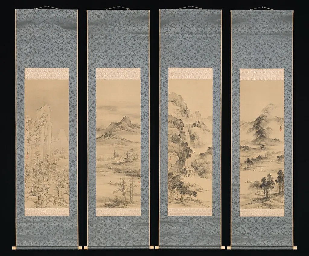 山本梅逸筆 四季山水図|Landscapes of the Four Seasons, by Yamamoto Baiitsu, ink, 1848