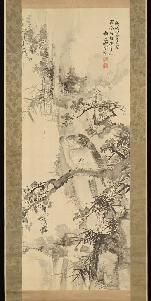 Wild Hawk on a Tree 野鷹棲樹図 (Notaka seiju zu), by Yamamoto Baiitsu