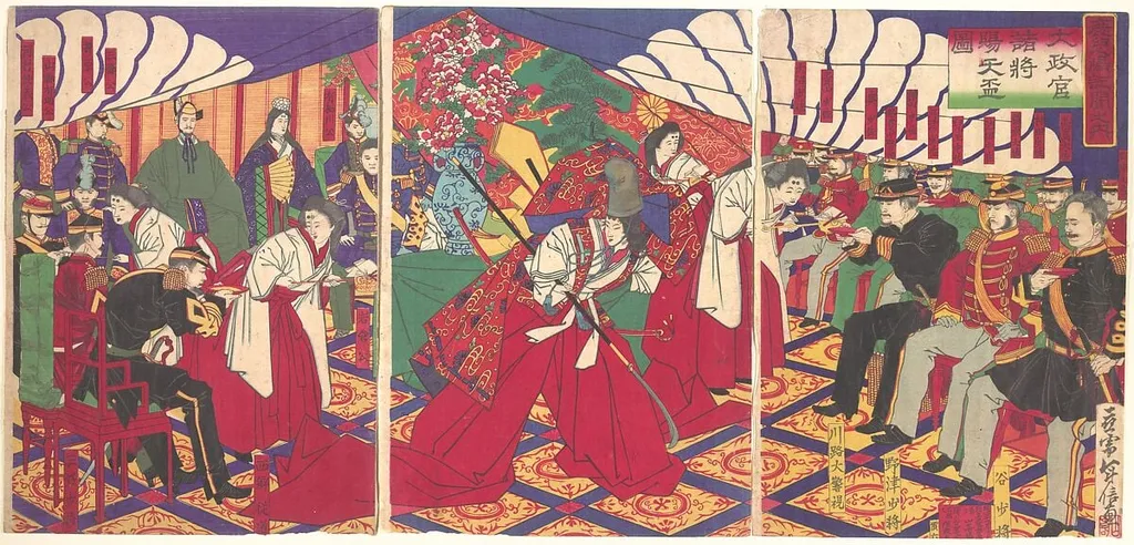 Taiseikan Shosho Shiten|Commanders Receiving the Emperor's Drinking Cups, by Yamazaki Toshinobu, ink, 1886