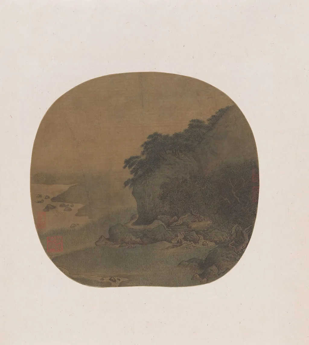南宋 傳閻次于 松壑隱棲圖 團扇|Hermitage by a pine-covered bluff, by Yan Ciyu, ink, 1172