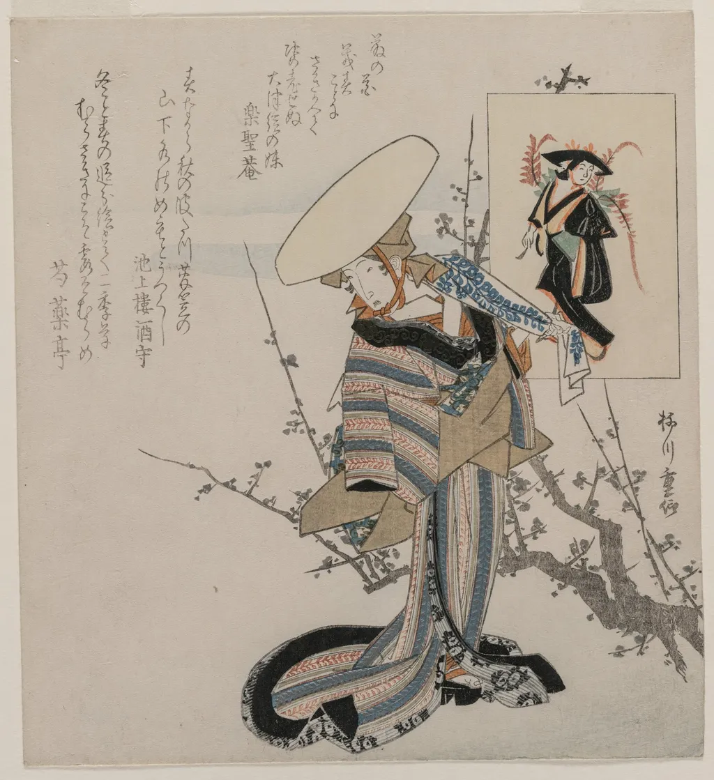 Woman by a Plum Tree Matched with the Wisteria Maiden (from a series of women compared to figures from Otsu paintings), by Yanagawa Shigenobu