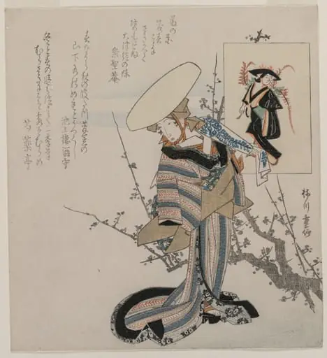 Woman by a Plum Tree Matched with the Wisteria Maiden (from a series of women compared to figures from Otsu paintings), by Yanagawa Shigenobu
