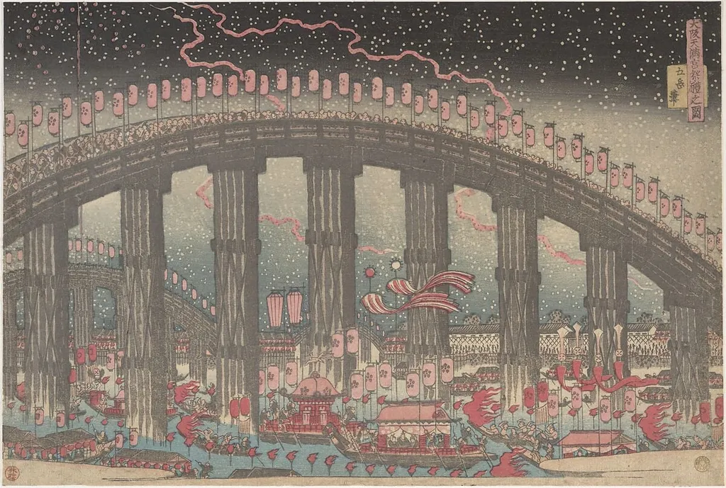 Osaka Tenmangu sairei no zu|The Tenmangu Festival at Osaka, by Yashima Gakutei, ink, 1834