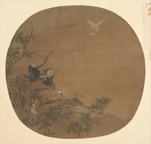 南宋？ 佚名   舊傳易元吉    三猿得鷺圖   團 扇頁|Gibbons Raiding an Egret's Nest, by Yi Yuanji
