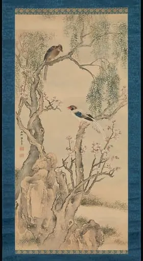 与謝蕪村筆　柳緑桃紅図|Birds in Willows and Blossoming Peach Tree, by Yosa Buson, 1749