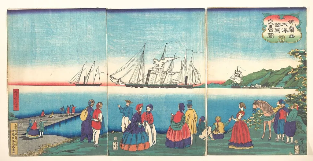 仏蘭西大湊諸国交易図|Illustration of a Large French Port Trading with Many Nations (Furansukoku oominato shokoku kōeki zu), by Yoshitoshi, ink, 4