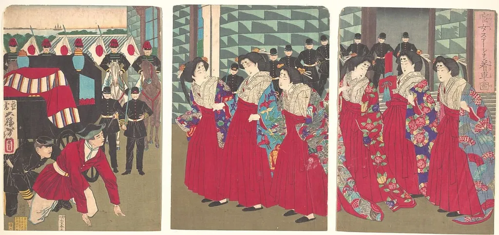 官女ステーション着車図|Illustration of Ladies-in-waiting boarding at a station (Kanjo sutēshon chakusha zu), by Yoshitoshi, ink, 1879