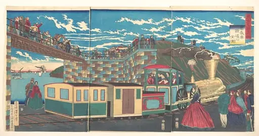 東京名勝高輪　蒸気車鉄道之全図|Illustration of Steam Locomotive Tracks at Takanawa, from the series Famous Places in Tokyo  (Tōkyō meishō Takanawa-jōki kikansha no zen zu), by Yoshitoshi