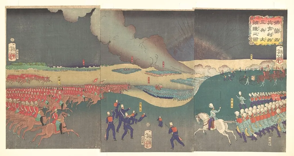 仏蘭西英吉利三兵大調錬之図|Maneuvers by Three Categories of French and English Soldiers (Furansu Igirisu sanhei ōchōren no zu), by Yoshitoshi, ink, 8