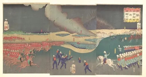 仏蘭西英吉利三兵大調錬之図|Maneuvers by Three Categories of French and English Soldiers (Furansu Igirisu sanhei ōchōren no zu), by Yoshitoshi